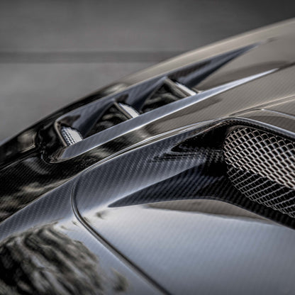 CW-Style Carbon Fiber Hood for 2015-2021 Subaru WRX/STi featuring aggressive design and glossy finish.