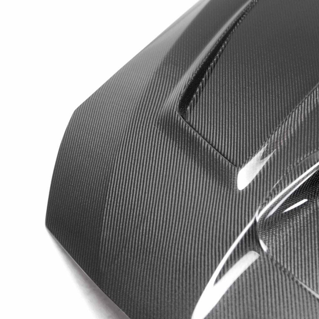 VS-Style Carbon Fiber Hood for 2015-2021 Subaru WRX/STi with aggressive vents and glossy finish.