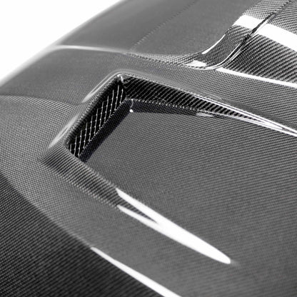 VS-Style Carbon Fiber Hood for 2015-2021 Subaru WRX/STi with aggressive vents and glossy finish.