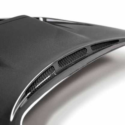 VS-Style Carbon Fiber Hood for 2015-2021 Subaru WRX/STi with aggressive vents and glossy finish.