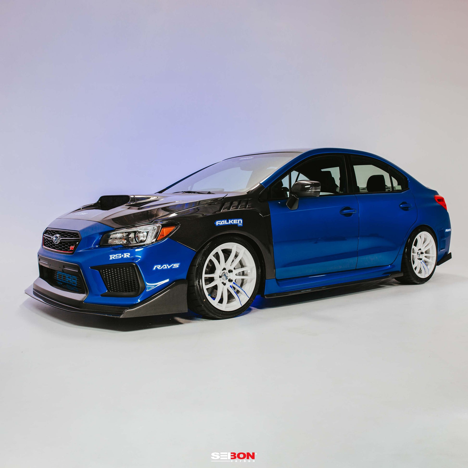 VS-Style Carbon Fiber Hood for 2015-2021 Subaru WRX/STi with aggressive vents and glossy finish.