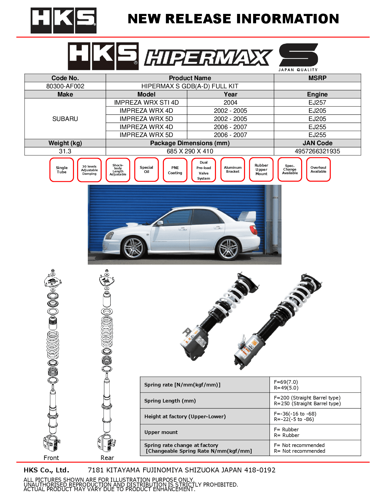 HKS Hipermax S coilover suspension kit for 2002-2007 Subaru Impreza WRX and STI 80300-AF002