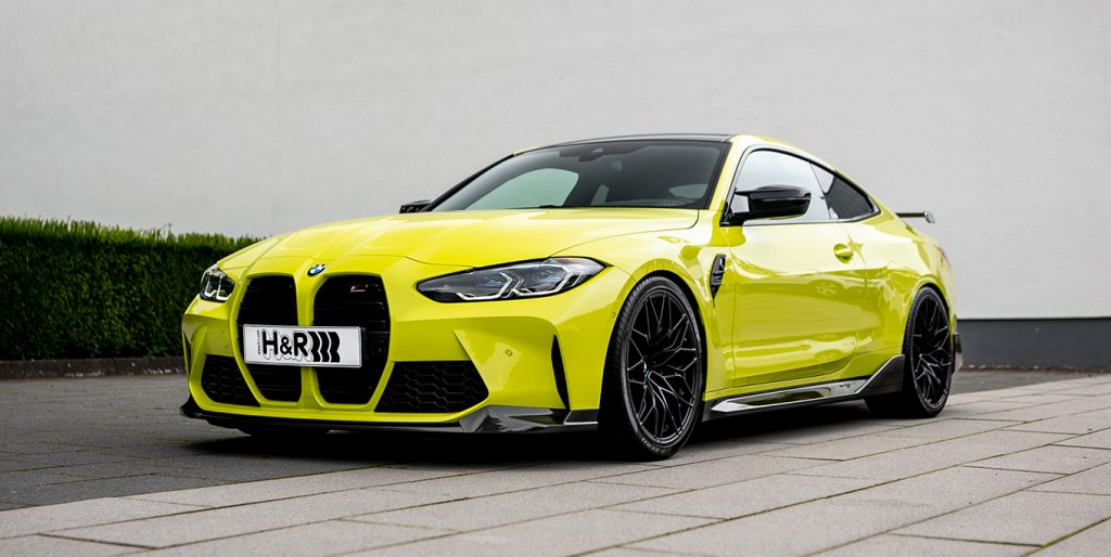 H&R 23026-2 VTF adjustable lowering springs installed showing lowered 2022-2026 BMW M3 and M4 Competition xDrive models