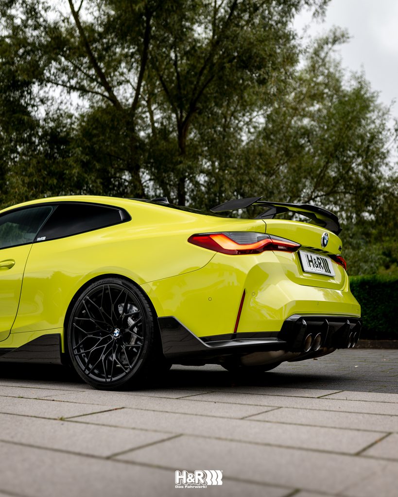 H&R 23026-2 VTF adjustable lowering springs installed showing lowered 2022-2026 BMW M3 and M4 Competition xDrive models