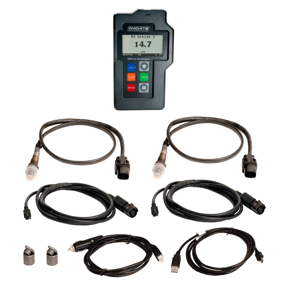 Innovate meter with multiple cables and connectors on a white background