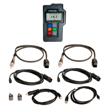 Innovate meter with multiple cables and connectors on a white background