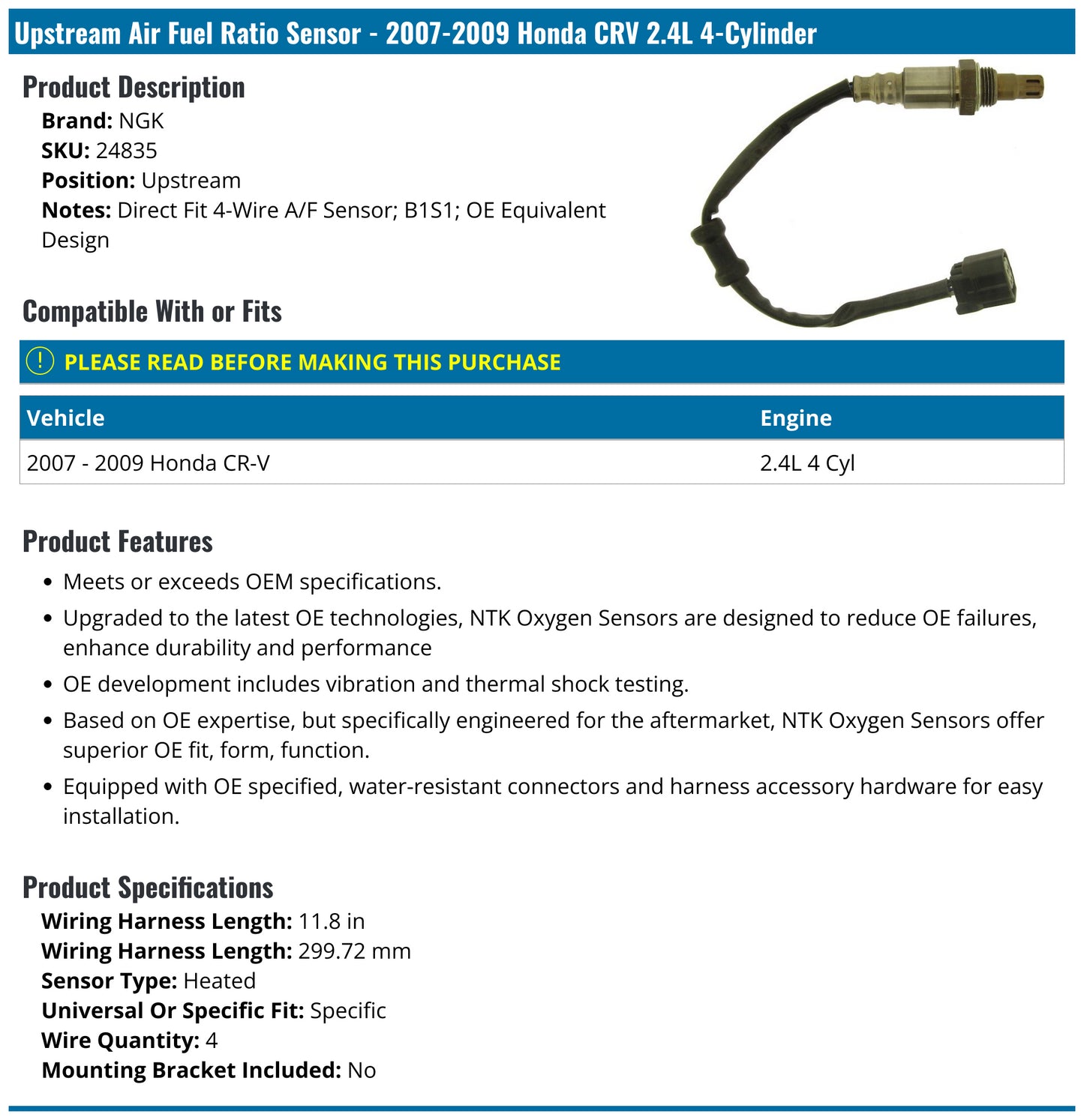 NGK 2009-07 Honda CR-V OE Type 4-Wire A/F Sensor