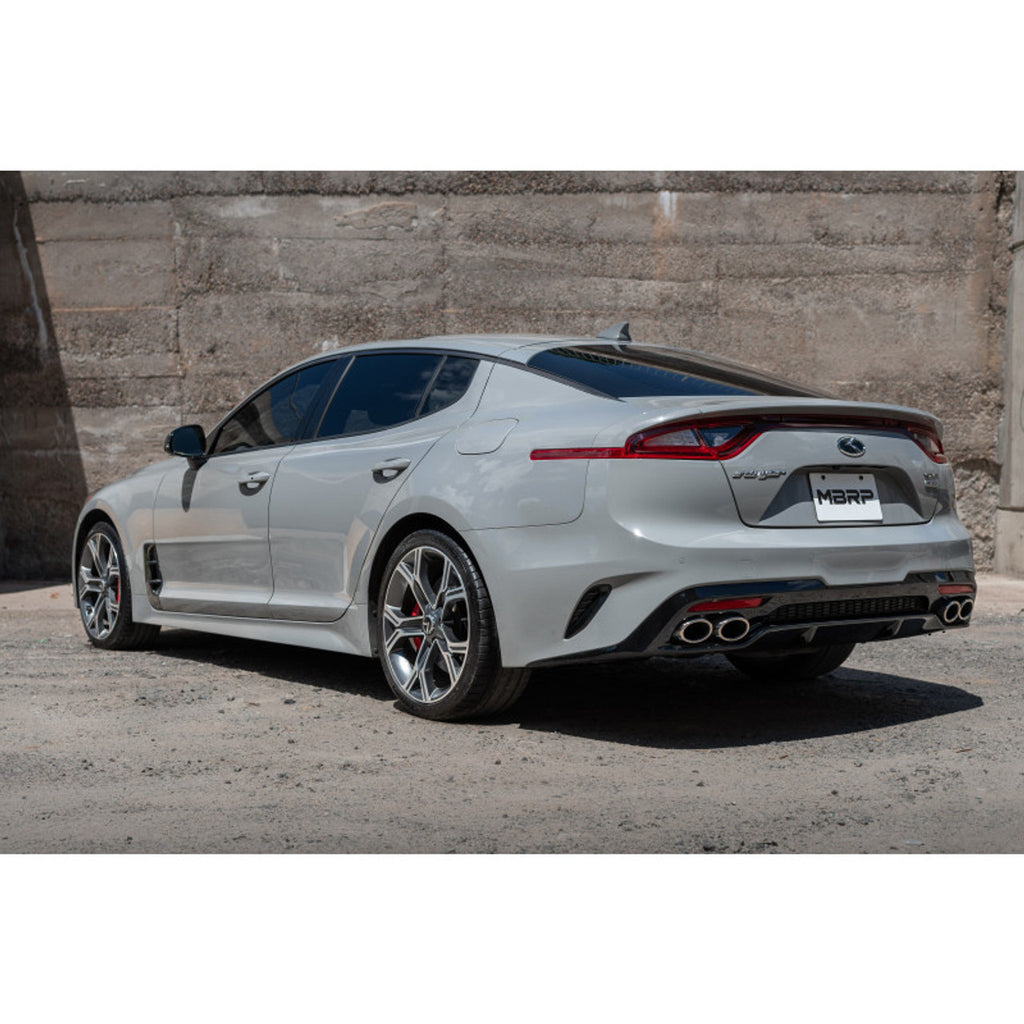 MBRP S4704AL 2.5-Inch Cat-Back Exhaust for 2018-2021 Kia Stinger GT, Street Profile, Quad Rear Exit, Aluminized Steel Construction.