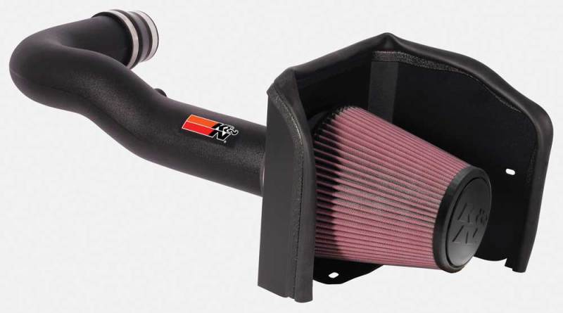 Car air intake system with a red filter on a white background