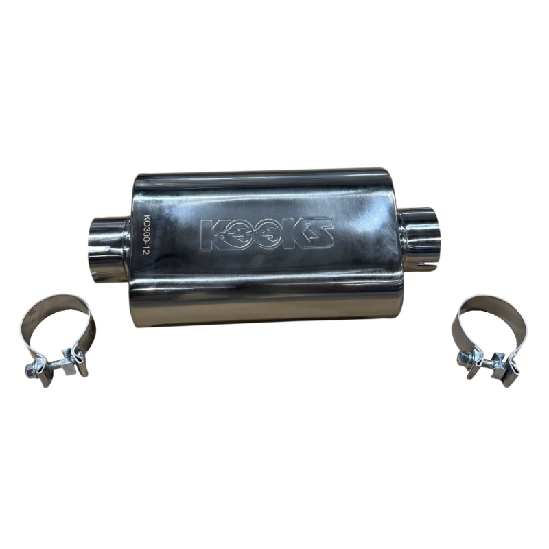 Kooks KO300-12-CI 3 inch oval clamp-in center center polished stainless steel muffler 12 inch body universal