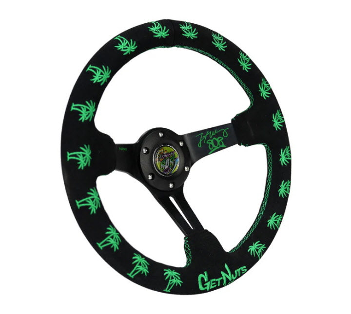 Reinforced Steering Wheel - Forrest Wang Signature 3in Deep 5mm Spoke 350mm - Blk w/ Grn Palm Trees - RST-020MB-FW