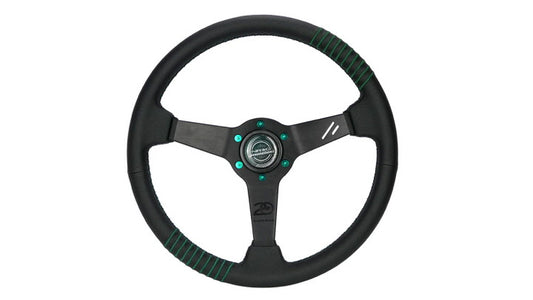 NRG Innovations 340mm Reinforced Flat Steering Wheel - Perforated Leather - 20 Year Anniversary - Emerald Stitch – RST-037MB-B-20