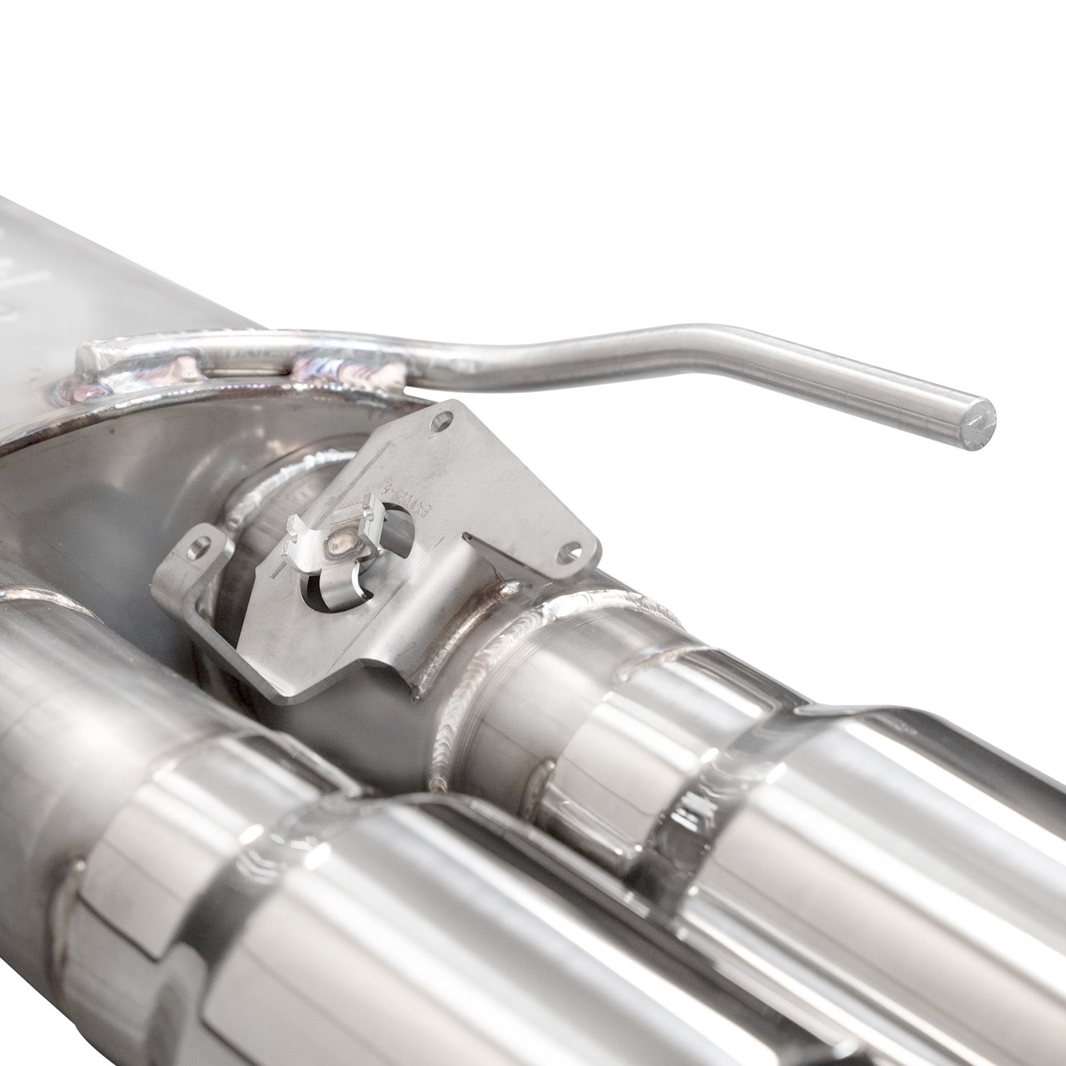 Detailed image of the Stainless Works Legend Cat-Back Exhaust system's mandrel-bent tubing and welded construction for the 2024 Mustang GT.