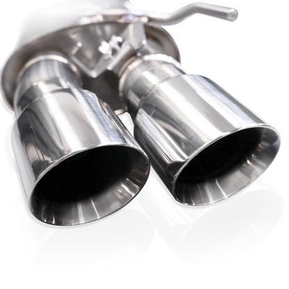 Close-up of the Stainless Works 2024 Mustang GT Legend Cat-Back Exhaust system's polished quad exhaust tips.