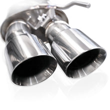 Load image into Gallery viewer, Close-up of the Stainless Works 2024 Mustang GT Legend Cat-Back Exhaust system&#39;s polished quad exhaust tips.