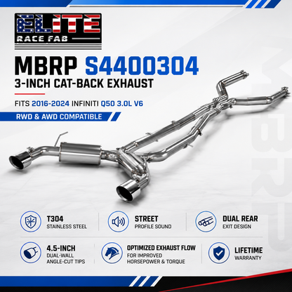 MBRP S4400304 3-inch cat-back exhaust system for 2016-2024 Infiniti Q50 3.0L V6 with T304 stainless steel, street profile sound, dual rear exit design, and 4.5-inch angle-cut tips.