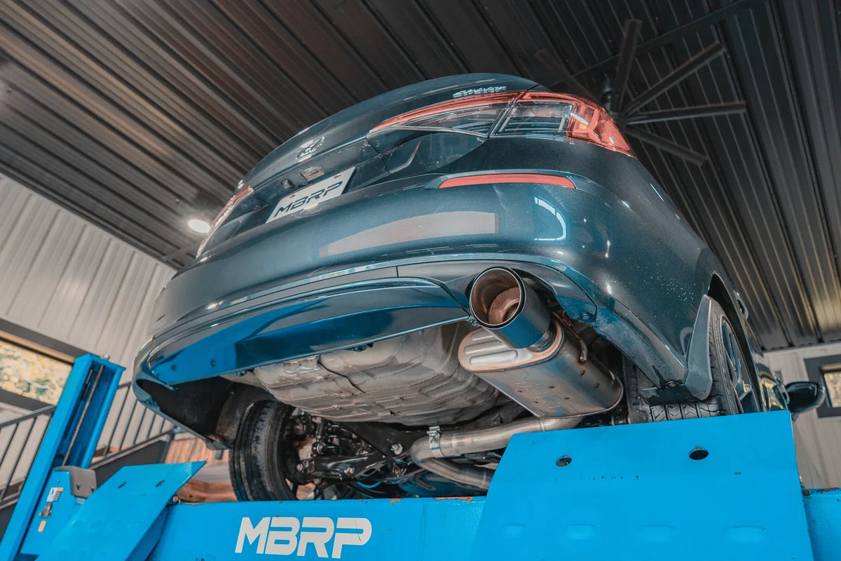 MBRP S4905AL 2.5-inch cat-back exhaust for 2022-2026 Honda Civic Sport sedan. Shown installed view of under the car and how to install and appearance of system.
