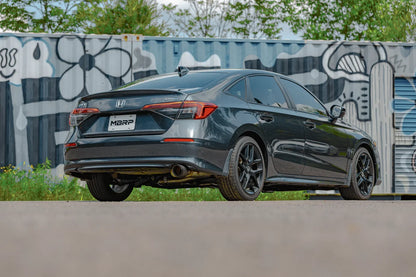MBRP S4905AL 2.5-inch cat-back exhaust for 2022-2026 Honda Civic Sport sedan. Shown installed view of under the car and how to install and appearance of system.