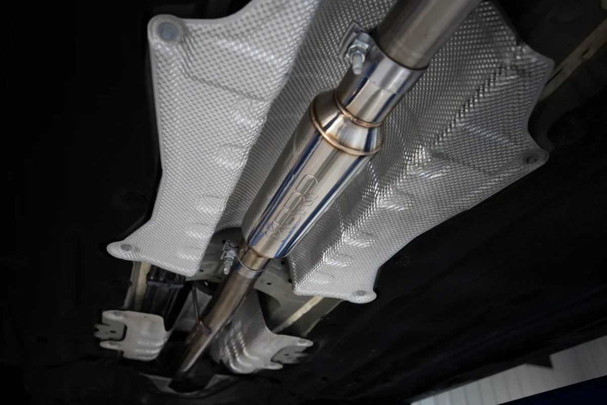 MBRP S4905AL 2.5-inch cat-back exhaust for 2022-2026 Honda Civic Sport sedan. Shown installed view of under the car and how to install and appearance of system.