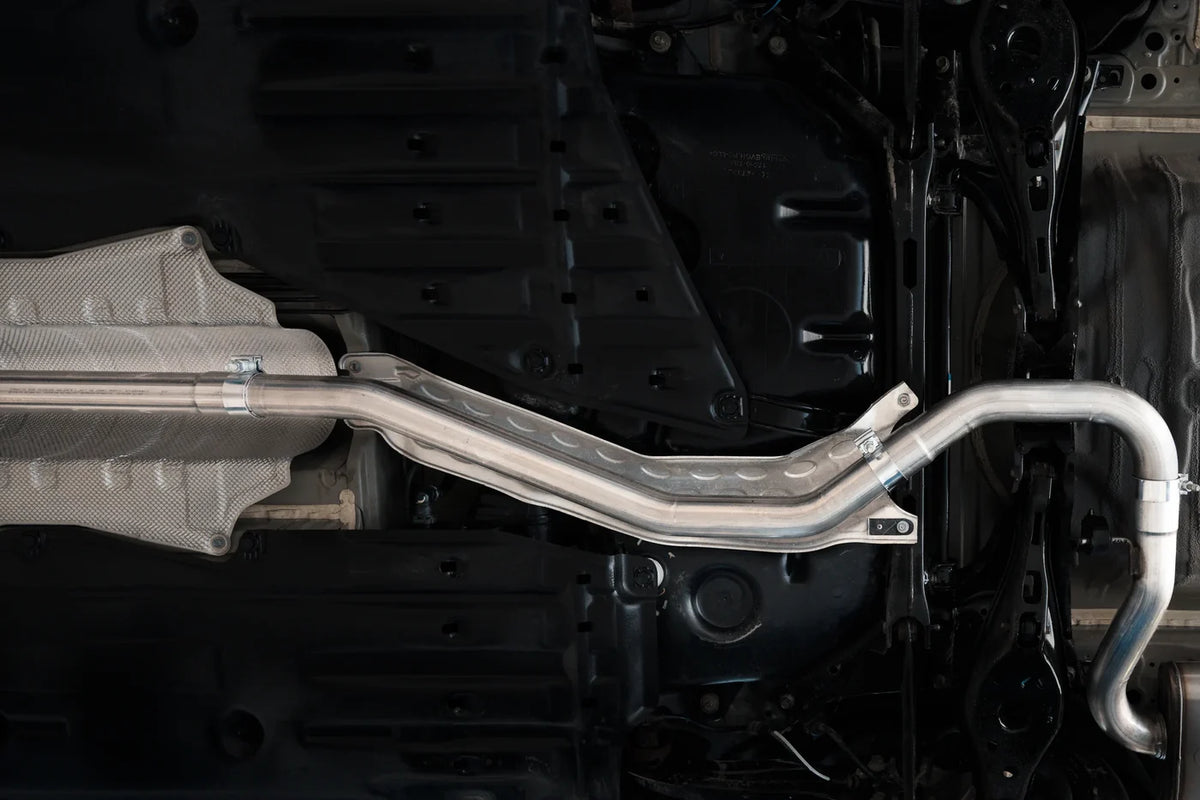 MBRP S4905AL 2.5-inch cat-back exhaust for 2022-2026 Honda Civic Sport sedan. Shown installed view of under the car and how to install and appearance of system.