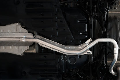 MBRP S4905AL 2.5-inch cat-back exhaust for 2022-2026 Honda Civic Sport sedan. Shown installed view of under the car and how to install and appearance of system.