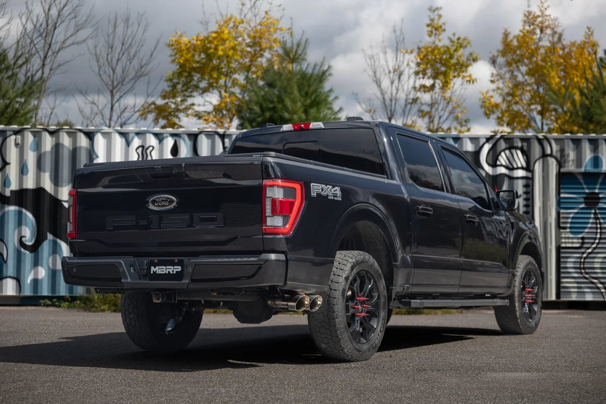 MBRP S5277BLK ARMOR BLK 3-inch cat-back exhaust for 2021-2026 Ford F-150 with dual black 4.5-inch tips. Image shows exhaust installed and fitment on F150.