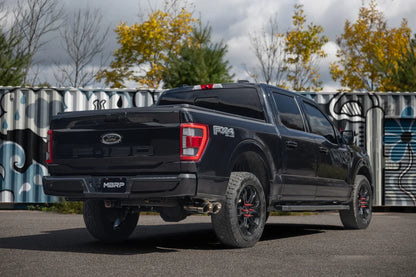 MBRP S5277BLK ARMOR BLK 3-inch cat-back exhaust for 2021-2026 Ford F-150 with dual black 4.5-inch tips. Image shows exhaust installed and fitment on F150.