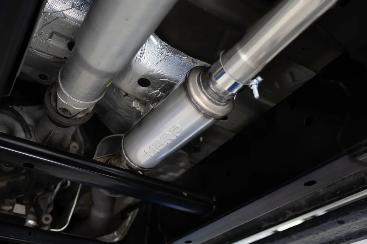 MBRP S5277BLK ARMOR BLK 3-inch cat-back exhaust for 2021-2026 Ford F-150 with dual black 4.5-inch tips. Image shows exhaust installed and fitment on F150.