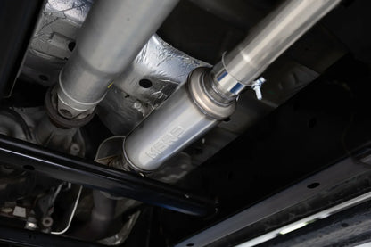 MBRP S5277BLK ARMOR BLK 3-inch cat-back exhaust for 2021-2026 Ford F-150 with dual black 4.5-inch tips. Image shows exhaust installed and fitment on F150.