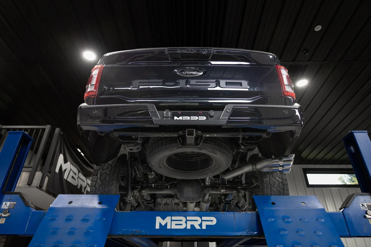 MBRP S5277BLK ARMOR BLK 3-inch cat-back exhaust for 2021-2026 Ford F-150 with dual black 4.5-inch tips. Image shows exhaust installed and fitment on F150.