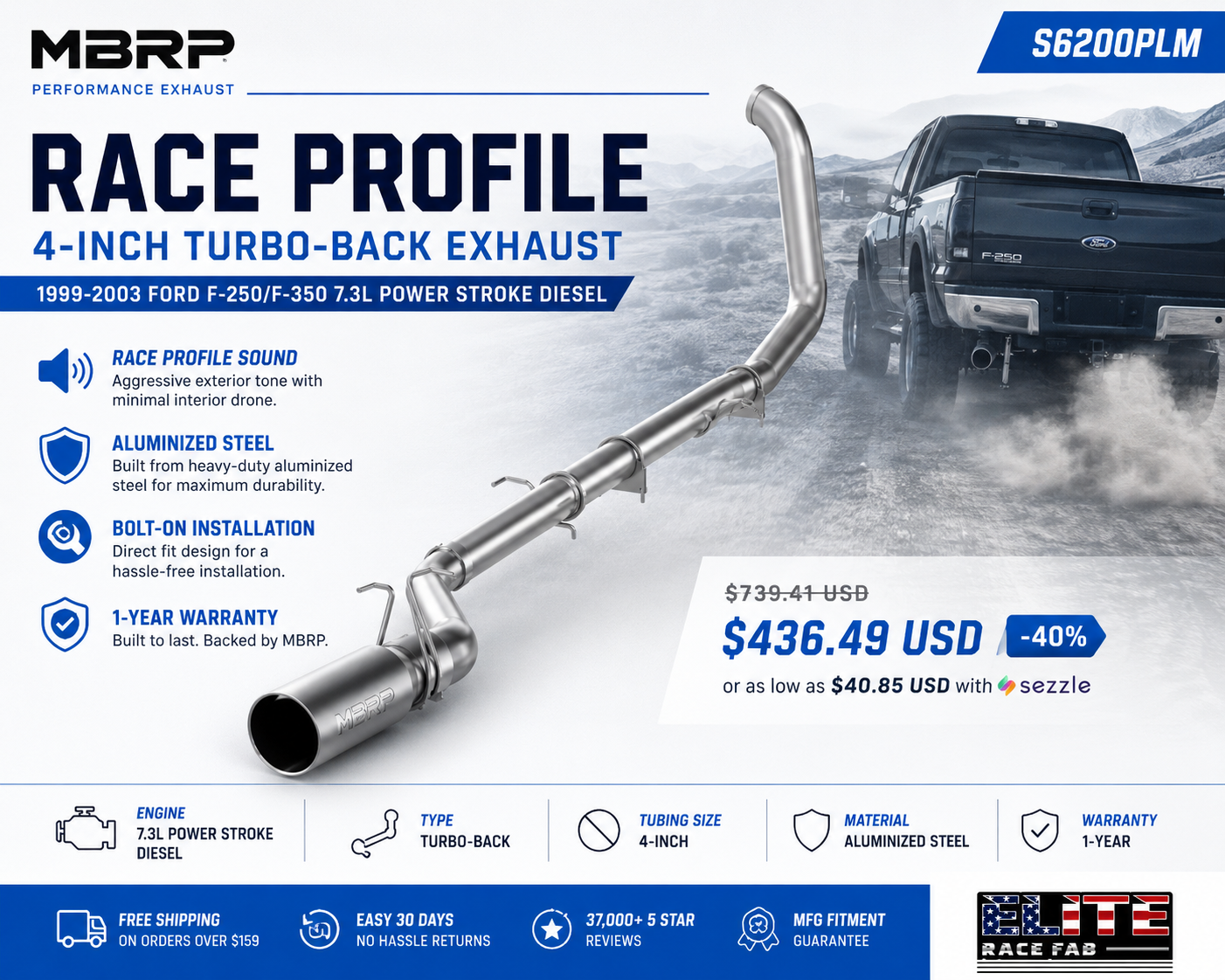 MBRP S6200PLM 4-Inch Turbo-Back Exhaust for 1999-2003 Ford F-250/F-350 7.3L Power Stroke Diesel
