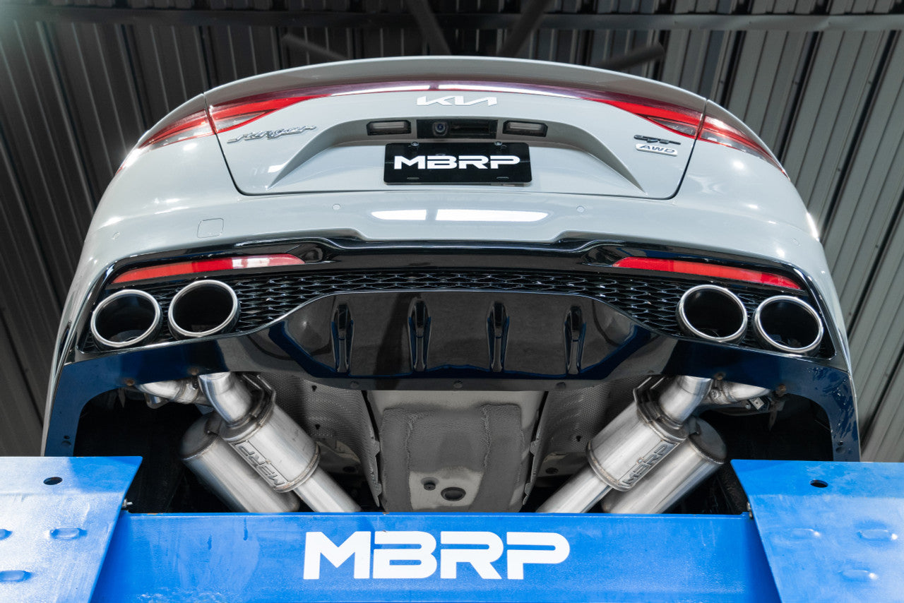 MBRP S4708304 2.5-Inch Cat-Back Exhaust for 2022-2024 Kia Stinger 3.3L, Active Profile, T304 Stainless Steel, Quad Rear Exit Design.