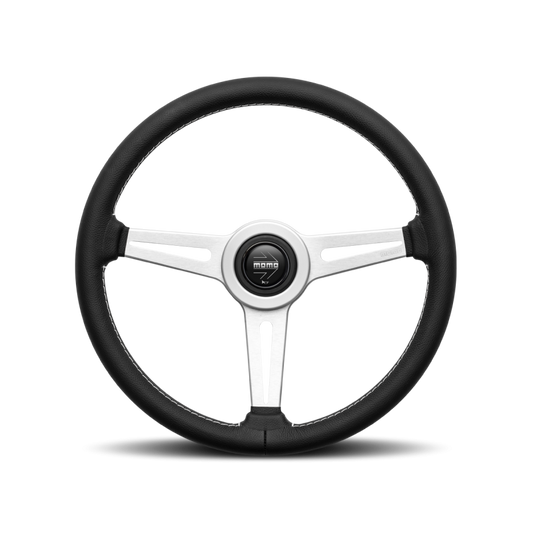 Momo Retro Steering Wheel 360 mm - 4 Black Leather/Wht Stitch/Brshd Spokes RET36BK2S