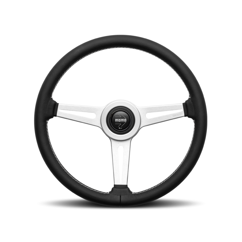 Momo Retro Steering Wheel 360 mm - 4 Black Leather/Wht Stitch/Brshd Spokes RET36BK2S