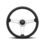 Momo Retro Steering Wheel 360 mm - 4 Black Leather/Wht Stitch/Brshd Spokes RET36BK2S