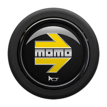 Load image into Gallery viewer, Momo Horn Button (Rounded) Gloss Black Yellow and Chrome Logo