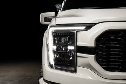 Morimoto XB Evo Hybrid headlights with white DRL running lights on installed on 2021-2023 Ford F-150