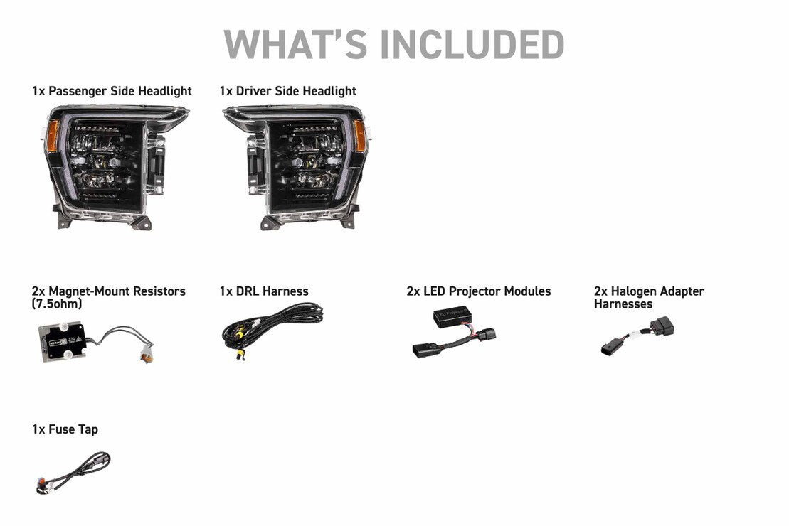 Morimoto XB Evo Hybrid headlight kit LF2-498Y with headlights, harnesses, resistors, projector modules, fuse tap, and DRL harness