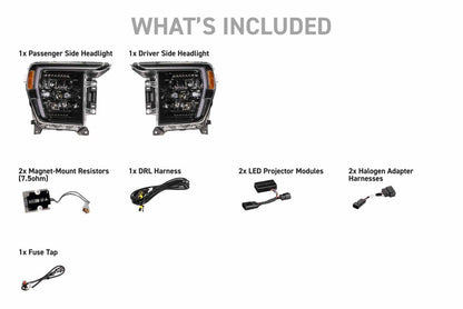 Morimoto XB Evo Hybrid headlight kit LF2-498Y with headlights, harnesses, resistors, projector modules, fuse tap, and DRL harness