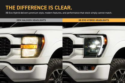Morimoto XB Evo Hybrid vs OEM Ford F-150 headlights comparison for 2021-2023 models