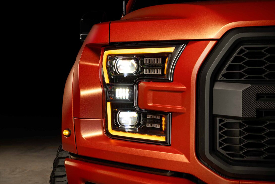 Morimoto XB Evo LF2-502 headlights with amber DRLs installed on Ford F-150/Raptor