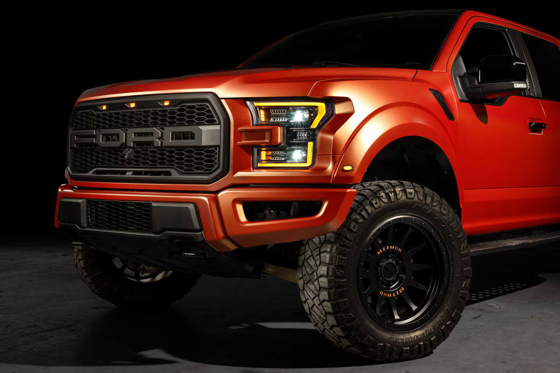 Morimoto XB Evo LED headlights LF2-502 installed on Ford F-150/Raptor wide front view