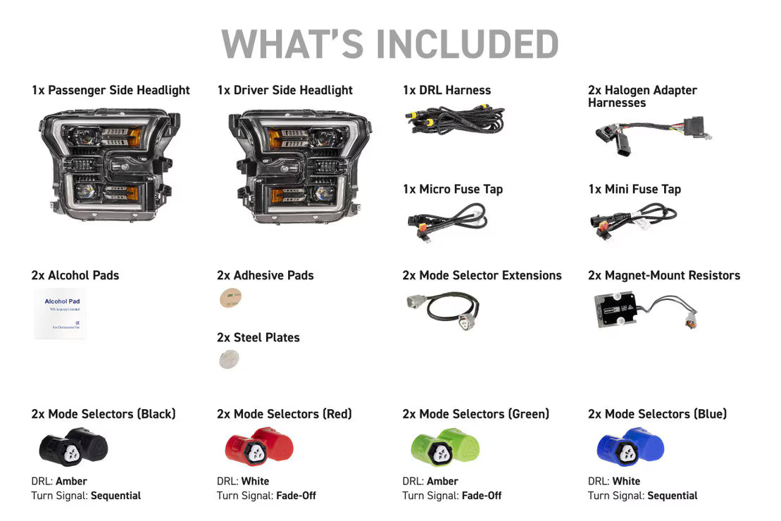 Morimoto XB Evo LF2-502 headlight kit with driver and passenger headlights, harnesses, resistors, fuse taps, selectors, and accessories