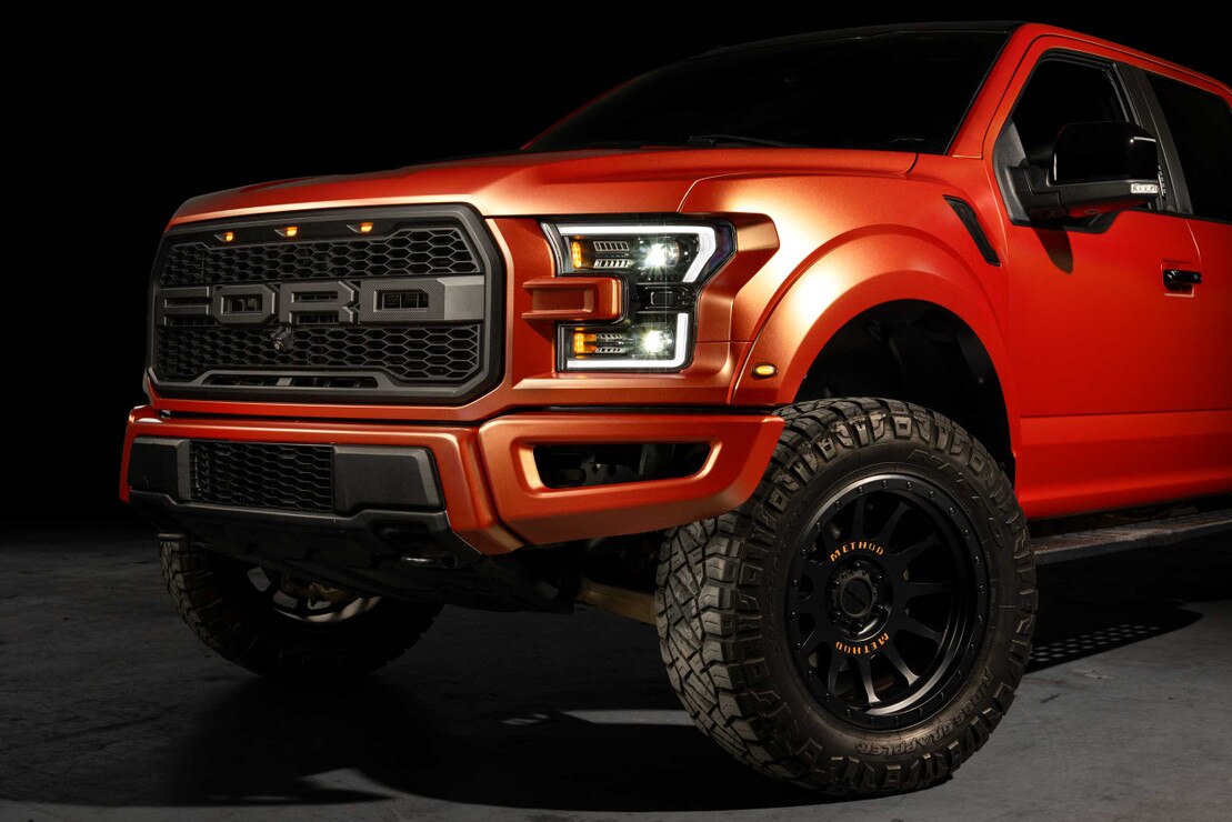 Morimoto XB Evo Hybrid LF2-502Y LED headlights installed on Ford F-150/Raptor wide front view