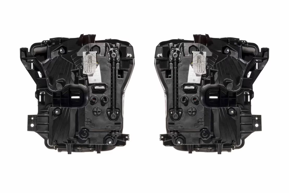Rear view of Morimoto XB Evo Hybrid LF2-502Y headlights showing plastic housings, plugs, wiring, and connectors