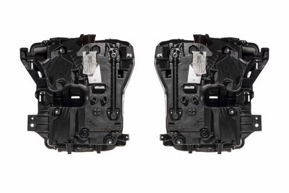 Rear view of Morimoto XB Evo Hybrid LF2-502Y headlights showing plastic housings, plugs, wiring, and connectors