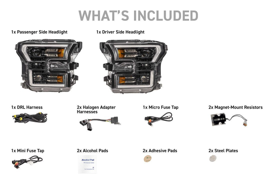 Morimoto XB Evo Hybrid LF2-502Y headlight kit with driver and passenger headlights, harnesses, resistors, fuse taps, DRL harness, and installation accessories