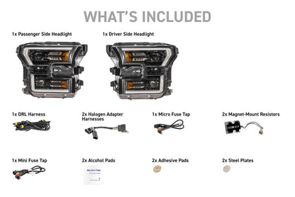 Morimoto XB Evo Hybrid LF2-502Y headlight kit with driver and passenger headlights, harnesses, resistors, fuse taps, DRL harness, and installation accessories