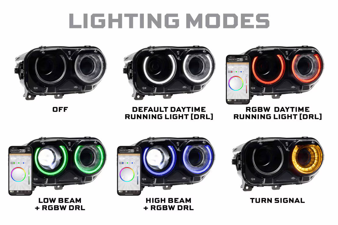 Morimoto XRGB LF495 LED headlights showing customizable RGB DRL color options for 2015-2023 Dodge Challenger