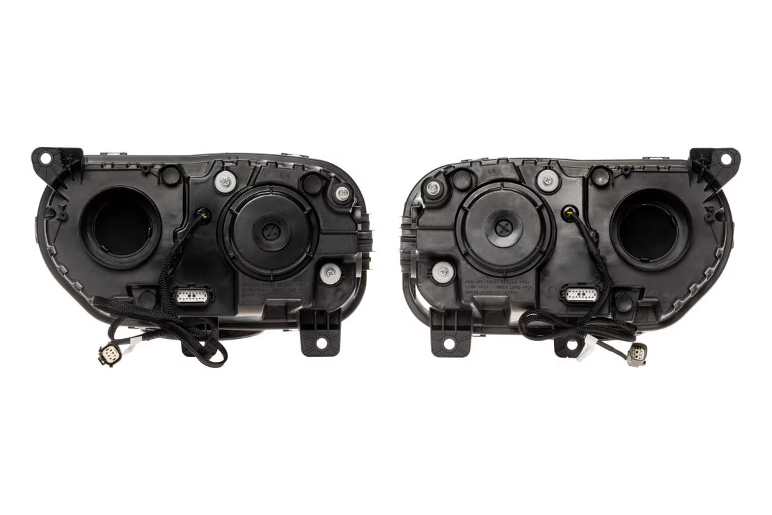 Rear view of Morimoto XRGB LF495 headlights showing black housings, connectors, wiring, and rear covers